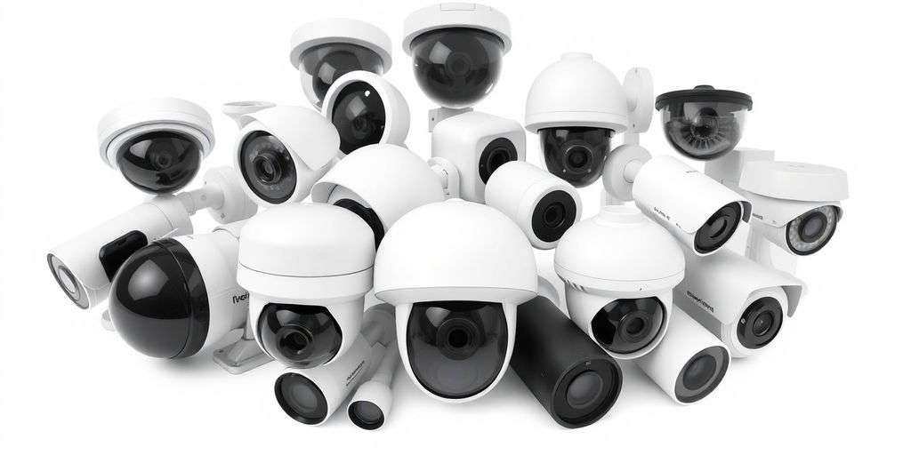 Different types of CCTV cameras on display.