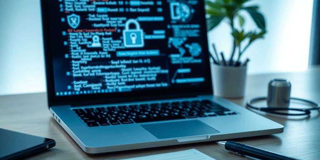 A workspace with a laptop and security tools.