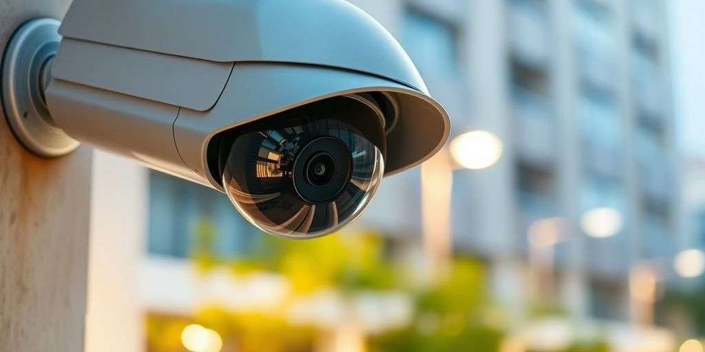 CCTV camera monitoring a street scene.