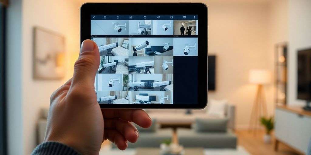 Person monitoring CCTV on smartphone in modern home.