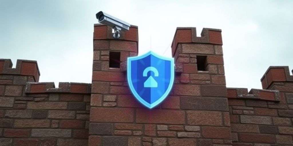 Fortress wall with CCTV camera and digital shield.