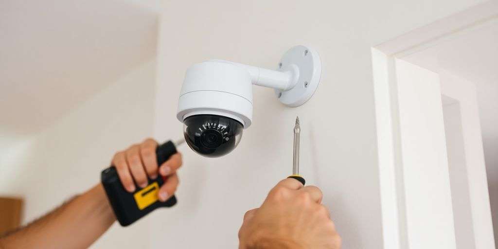 Person installing CCTV camera on a wall.