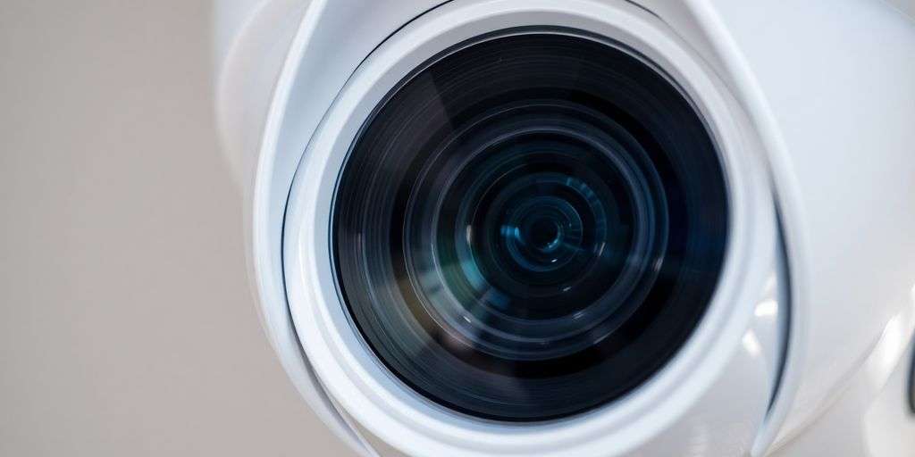 CCTV camera lens with blurred background.