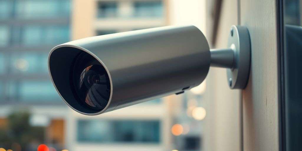 CCTV camera on a wall in an urban setting.