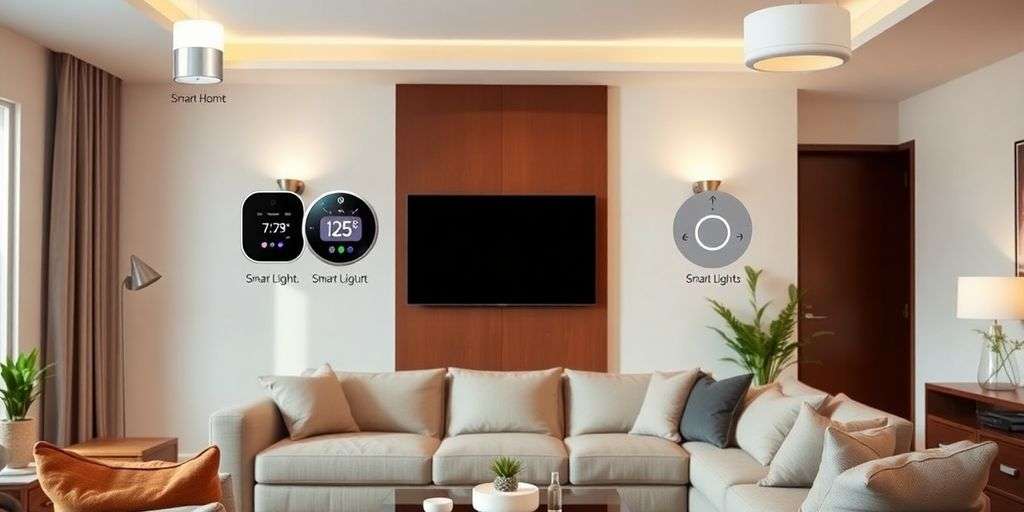 Modern living room with integrated smart home devices.